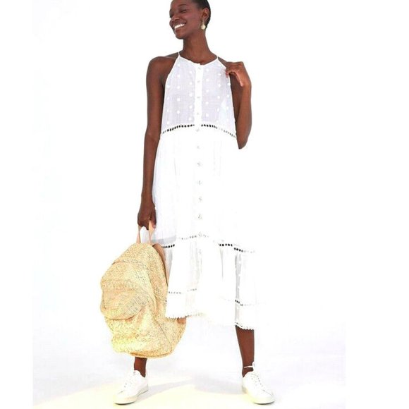 Farm Rio Harmonia Button Front Fringe Cami Dress Cottagecore Feminine WhiteParty - Picture 2 of 10